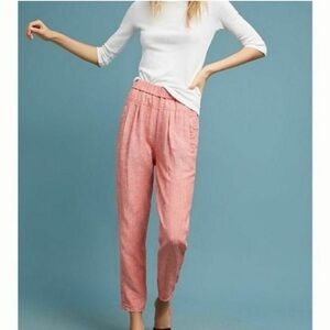 Anthropologie Linen High Rise Pleat Front Tapered Pull On Pants Coral Striped M